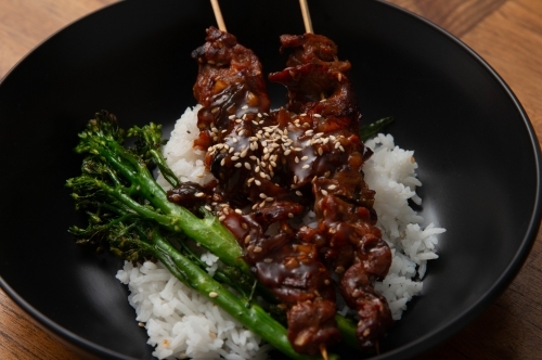 Venison Skewers with broccolini on rice
