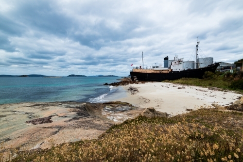 View of beached old whaling boat with sand beach and massed seed heads in foreground.