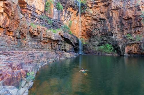 Wild swimming in the Lily Ponds Waterfall, Katherine Gorge