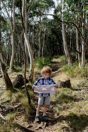 Young child reading a map on a walking track in the Australian bush