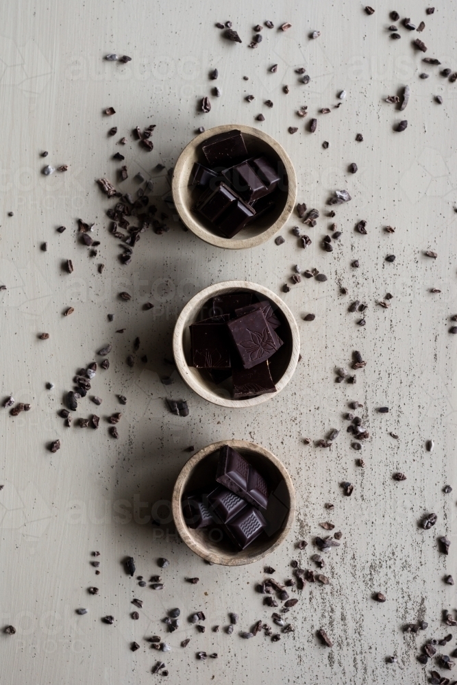 Image Of 3 Bowls With Dark Chocolate Pieces Austockphoto