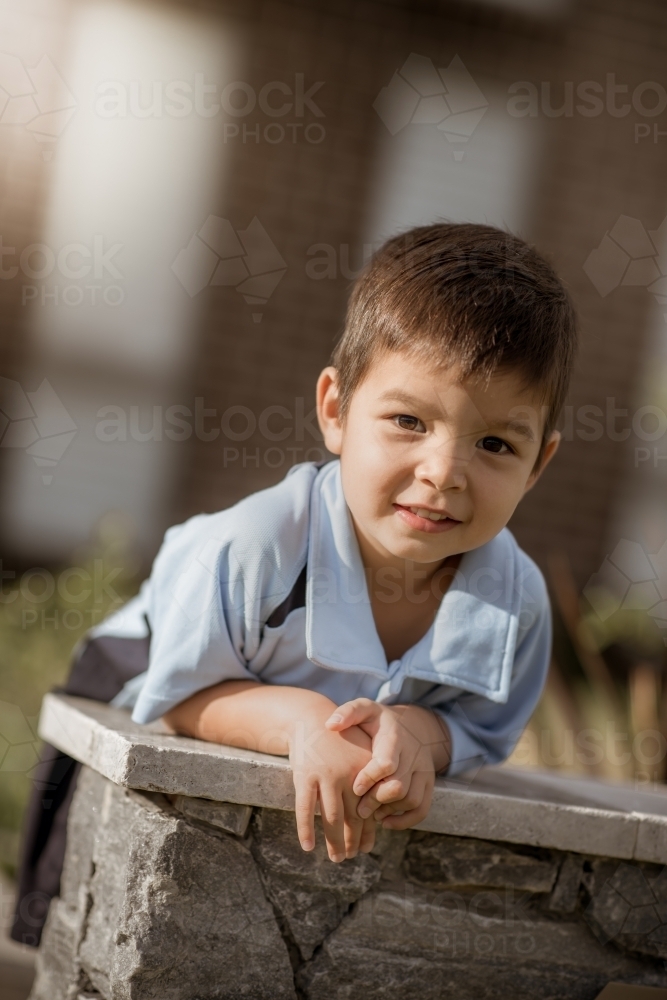 4 year old mixed race boy leaves home for his first day of preschool - Australian Stock Image