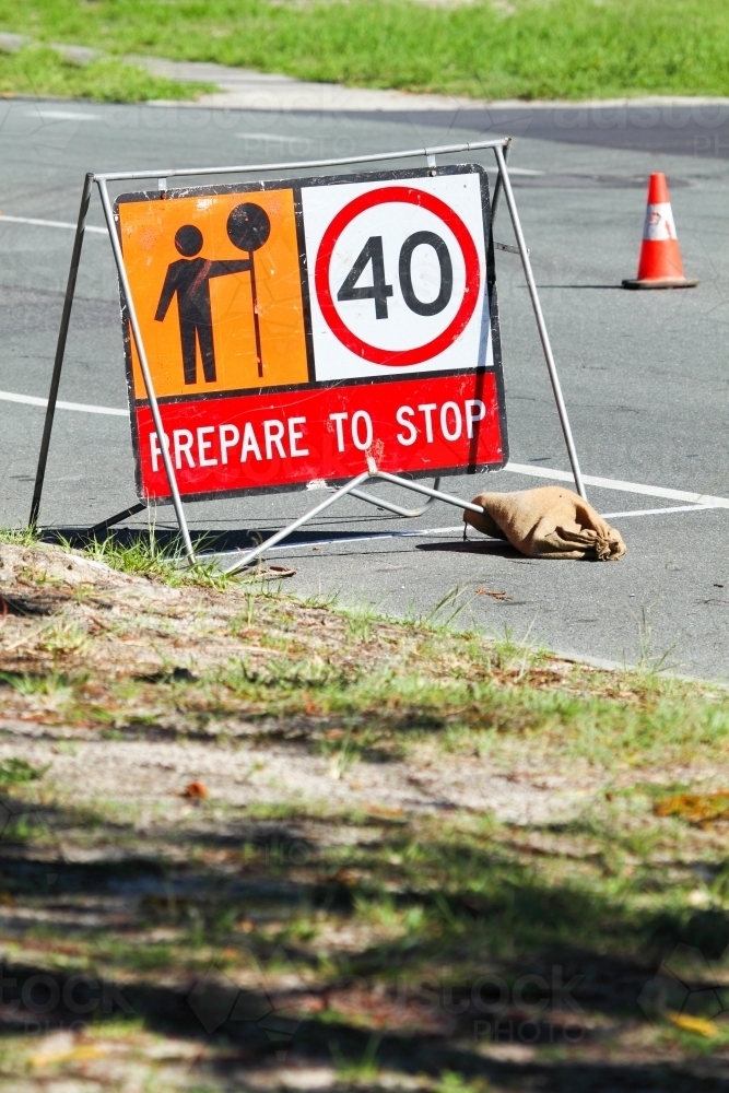 40 roadwork speed limit sign prepare to stop. - Australian Stock Image