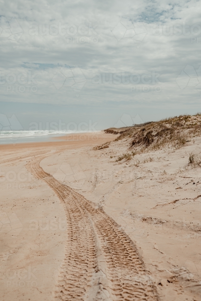 4WD tyre tracks leading down a deserted beach - Australian Stock Image