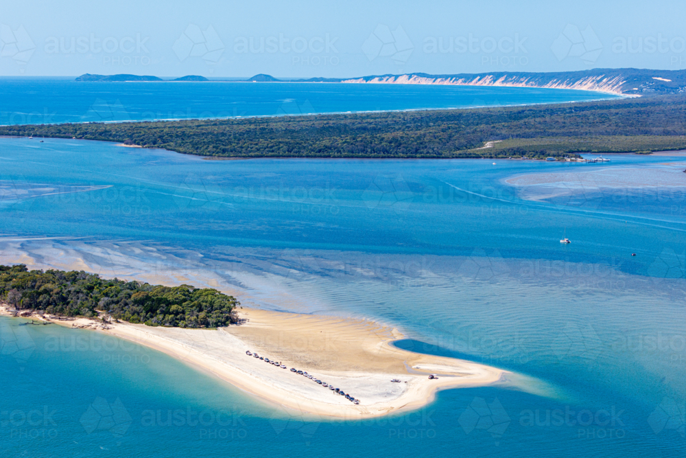 4wd vehicles waiting for ferry to K'Gari, Fraser Island - Australian Stock Image