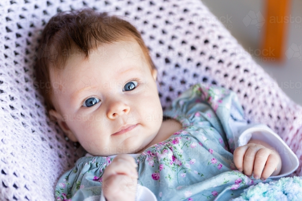 9 week old baby with wide blue eyes sitting in bouncer on crocheted blanket - Australian Stock Image