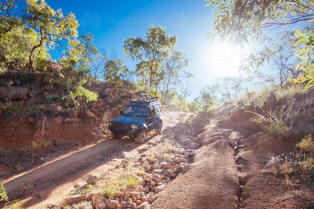 A 4WD car negotiating a rural track in the outback - Australian Stock Image