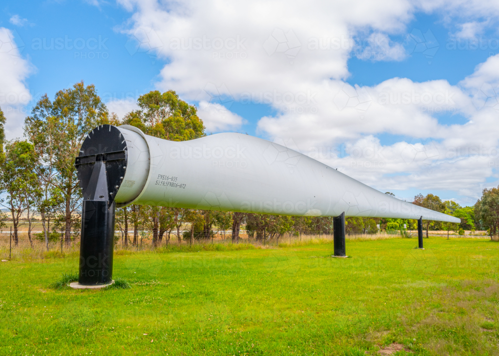 A 60 metre long broken blade from the White Rock wind farm has been installed as an attraction - Australian Stock Image