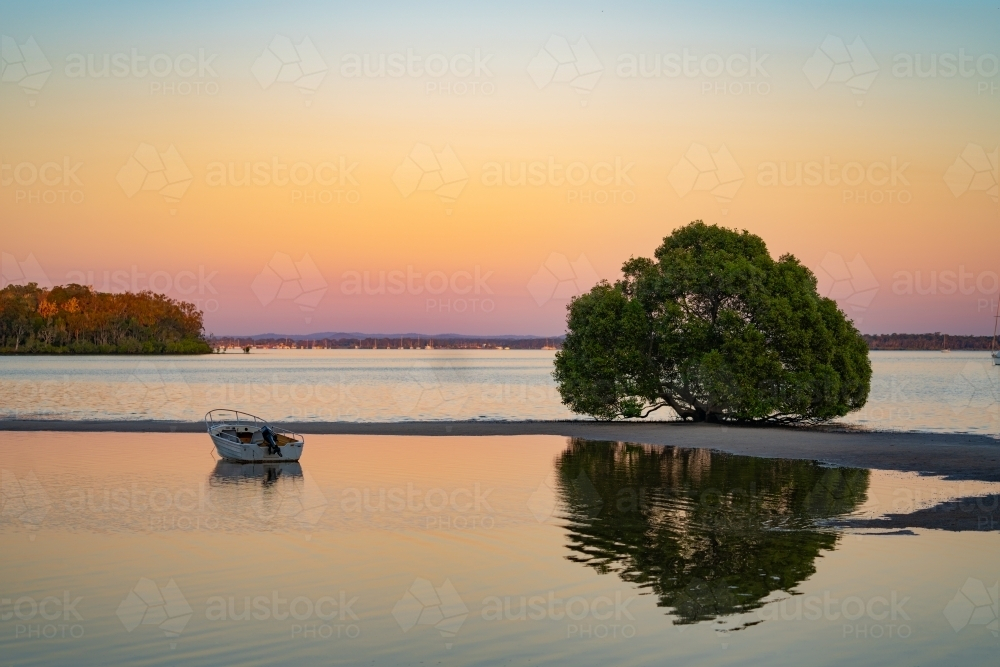 A boat moored on the nearby sandbar with a single tree - Australian Stock Image