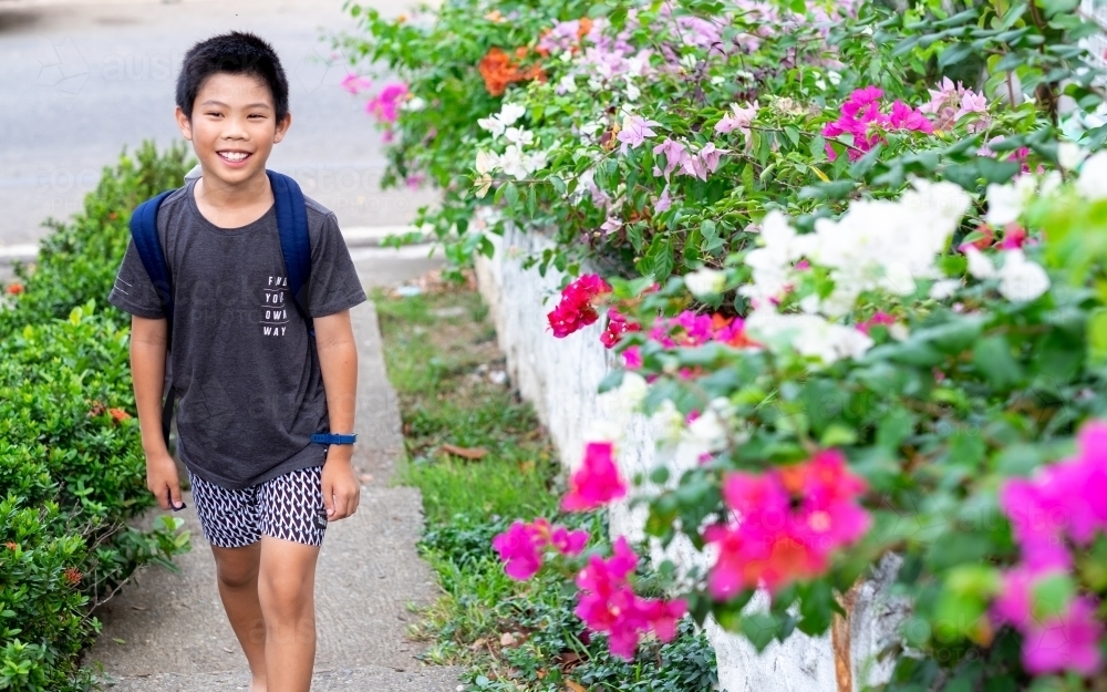 a boy, walking on a pathway lined with shrubs and bougainvillea - Australian Stock Image