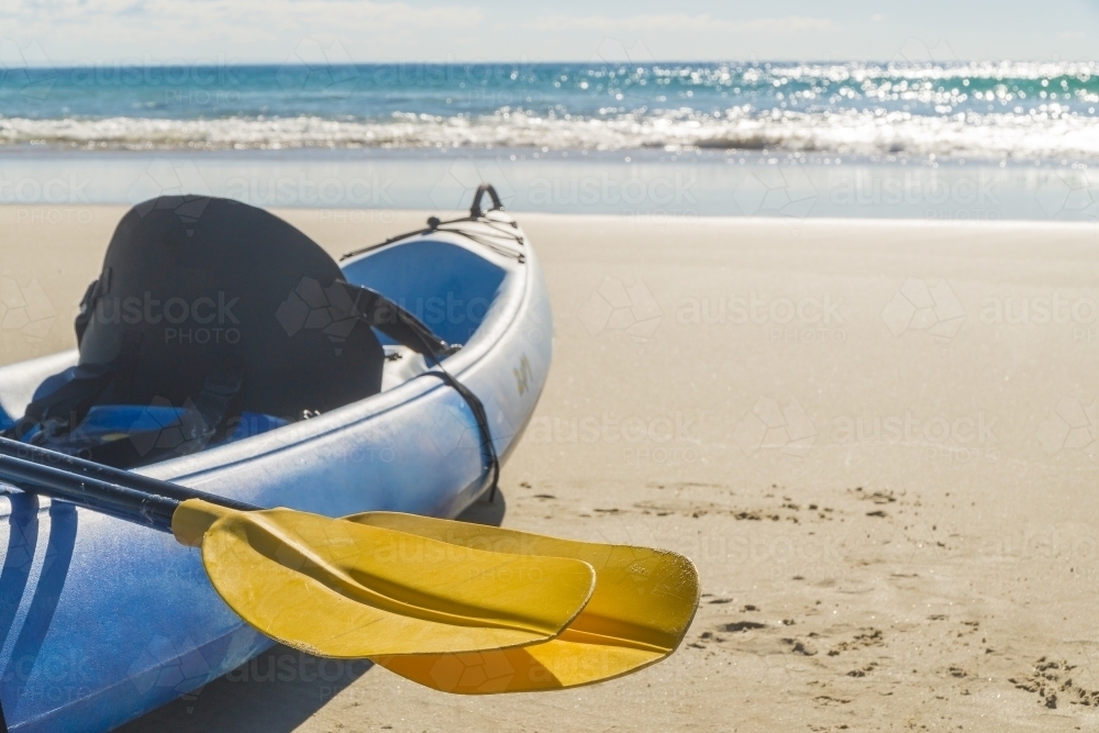 A close up of the from of a sea kayak with yellow paddles - Australian Stock Image