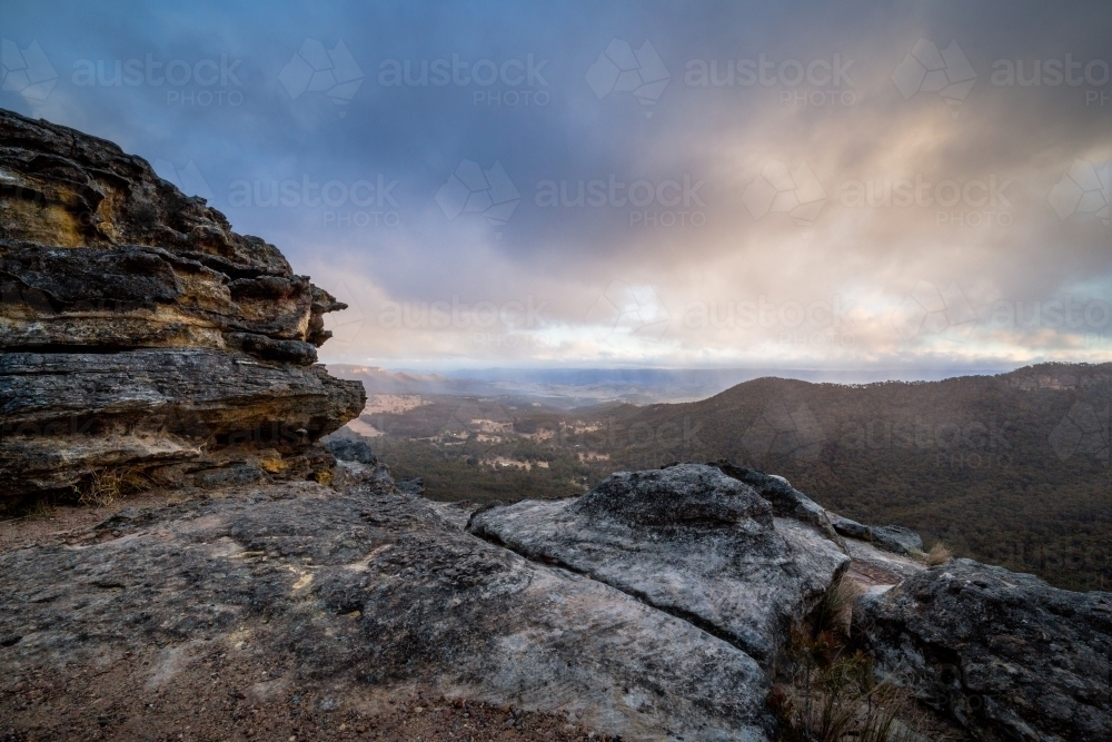 A cold and gale windy day view of landscape from Mt Victoria - Australian Stock Image