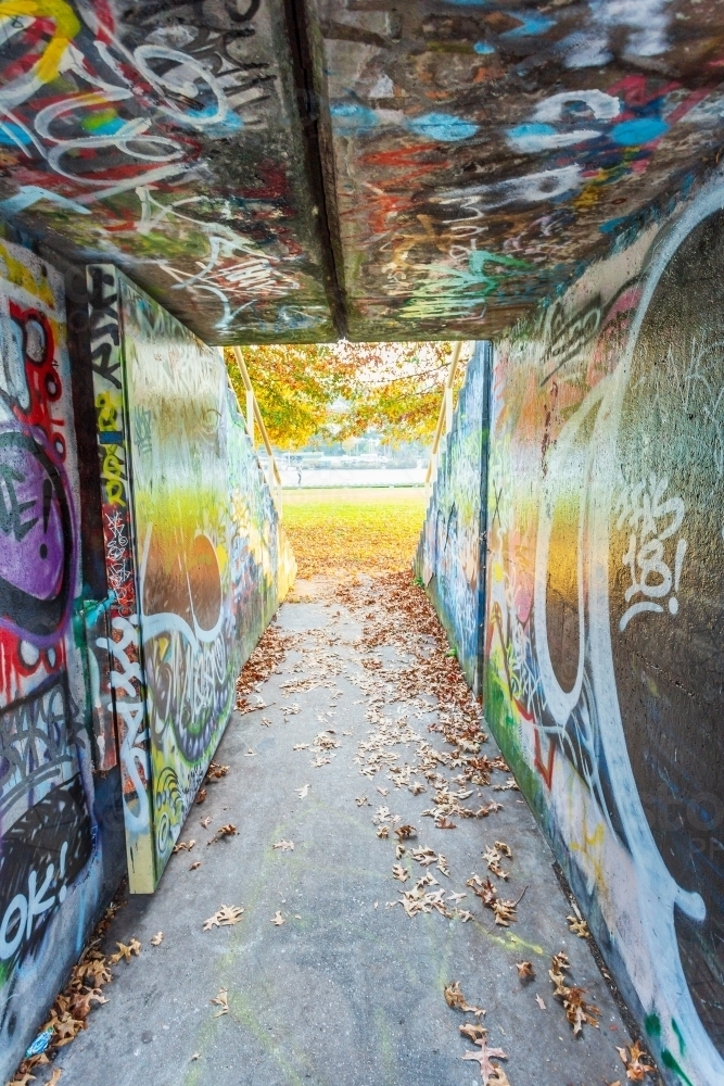 A concrete tunnel with graffiti painted on the walls and autumn leaves scattered on the ground - Australian Stock Image