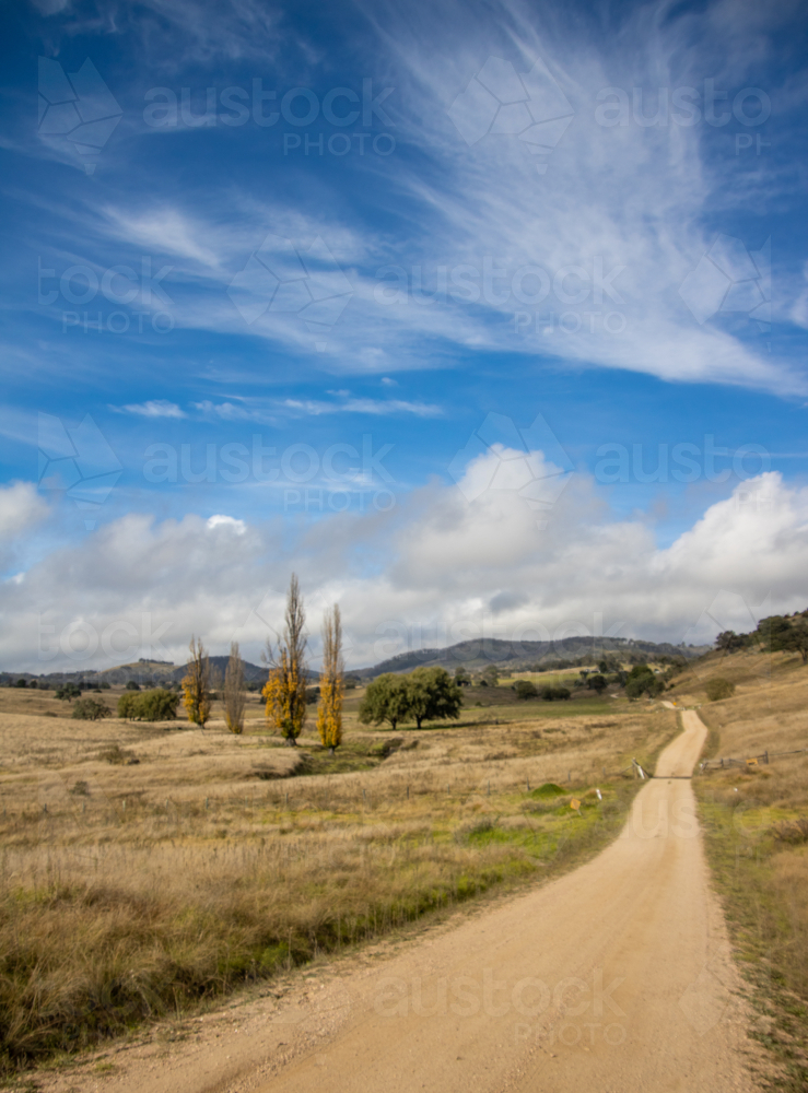 A dirt country road, heading into the horizon under a blue sky with white clouds - Australian Stock Image