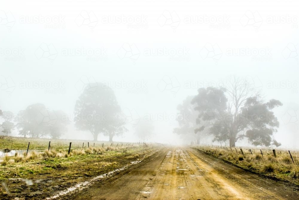 A dirt country road in the mist as snow is melting - Australian Stock Image