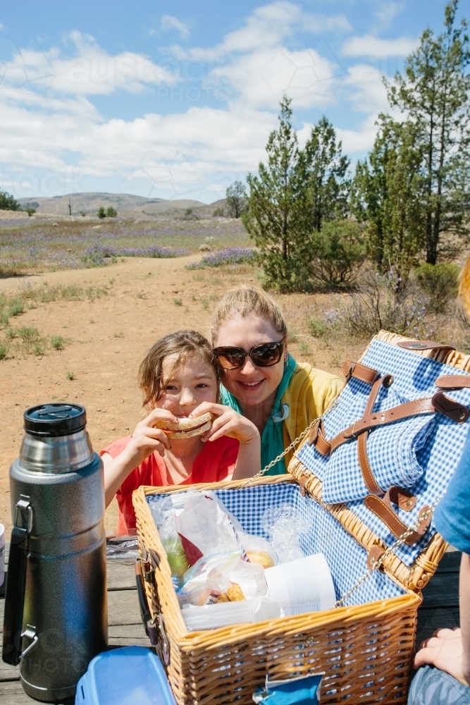 A family having a picnic at a rest area in a national park - Australian Stock Image