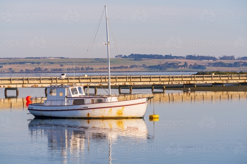 Image of A fishing trawler sitting in a calm marina in front of a road ...