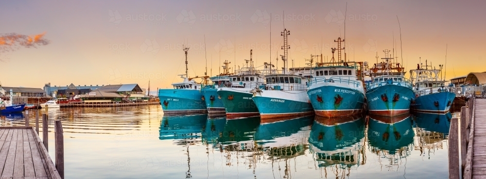 A fleet of fishing boast lined up at anchor in a marina at twilight - Australian Stock Image
