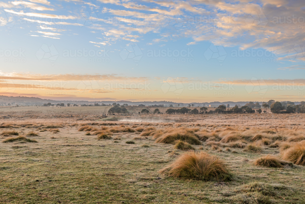 A frosty field on a winter's morning under a blue, cloudy sky - Australian Stock Image