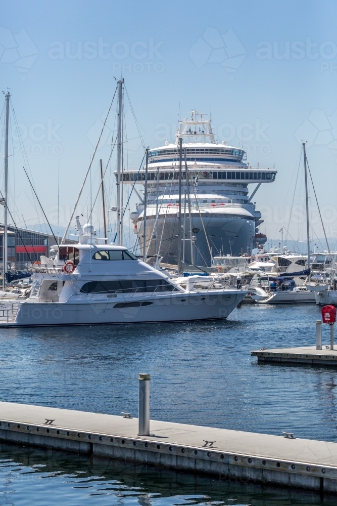 A giant cruise ship alongside Mac 2 and Kings Pier in Hobart. - Australian Stock Image