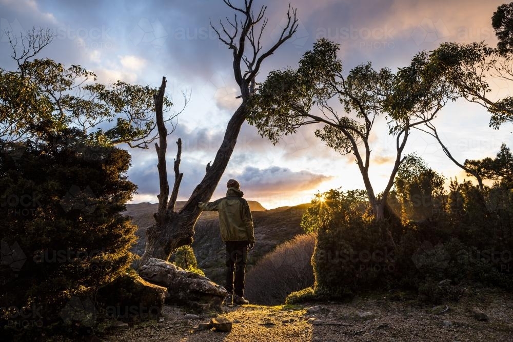 A hiker watching the sunset beside the Overland Track - Australian Stock Image