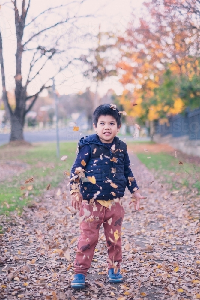 a kid having some fun with autumn leaves - Australian Stock Image