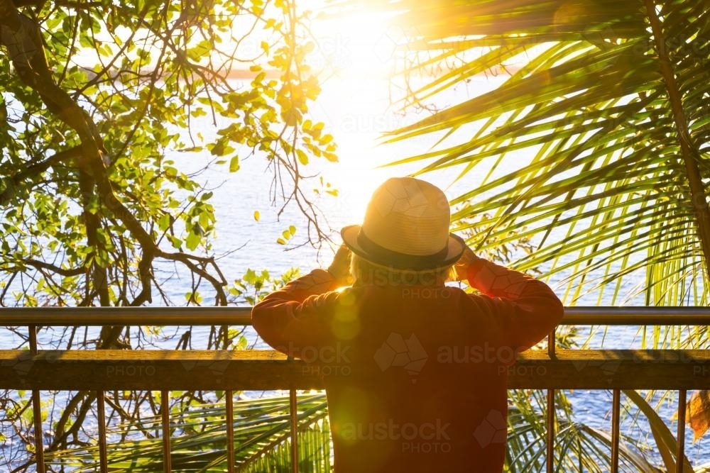 A lady leans on a railing looking through a gap in the trees at sunset. - Australian Stock Image