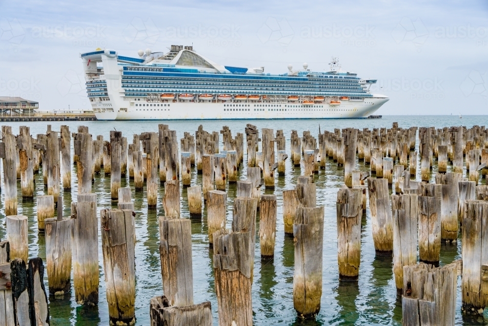 A large cruise docked near many rows of old weathered jetty pylons - Australian Stock Image