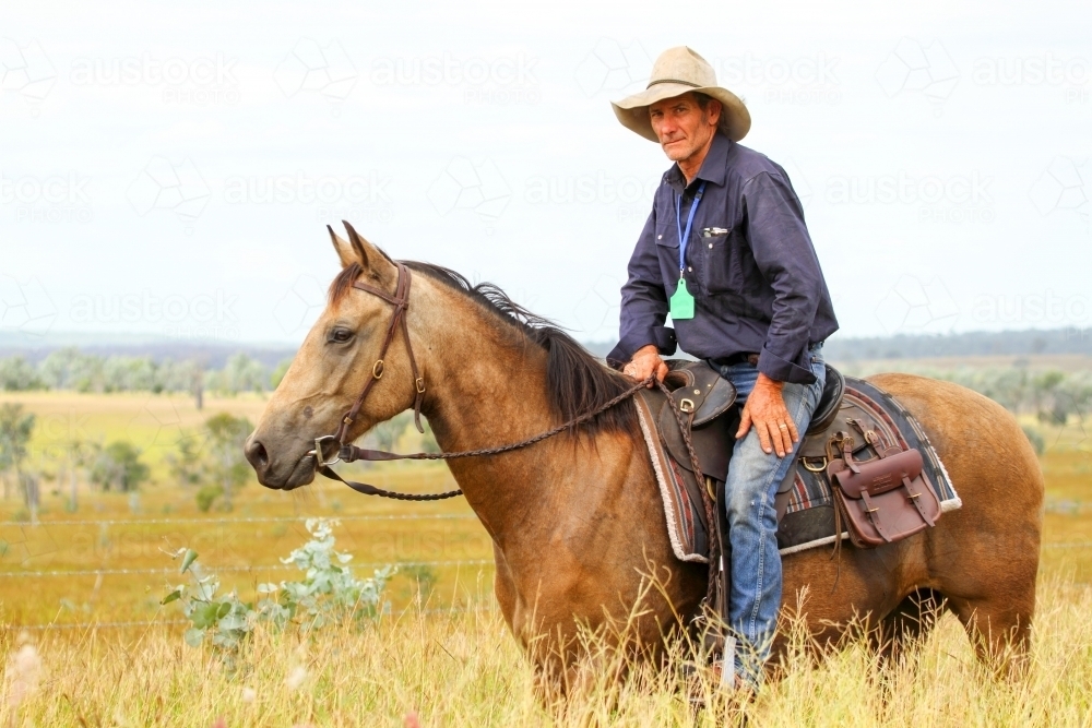 A lone stockman rider on horseback looking at photographer. - Australian Stock Image