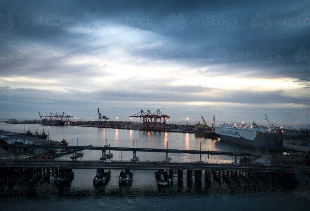 A low key aerial view of a harbour - Australian Stock Image