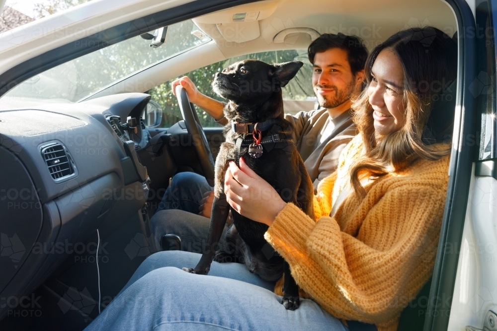 A man and a woman in a car with their dog about to go on a holiday - Australian Stock Image