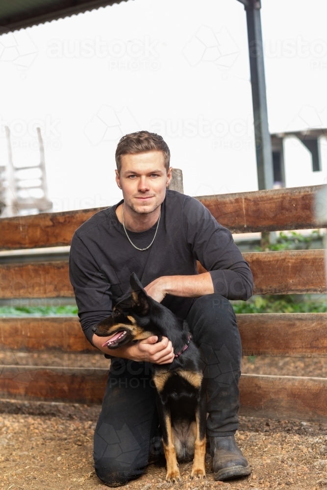 A man kneeling with a kelpie dog - Australian Stock Image