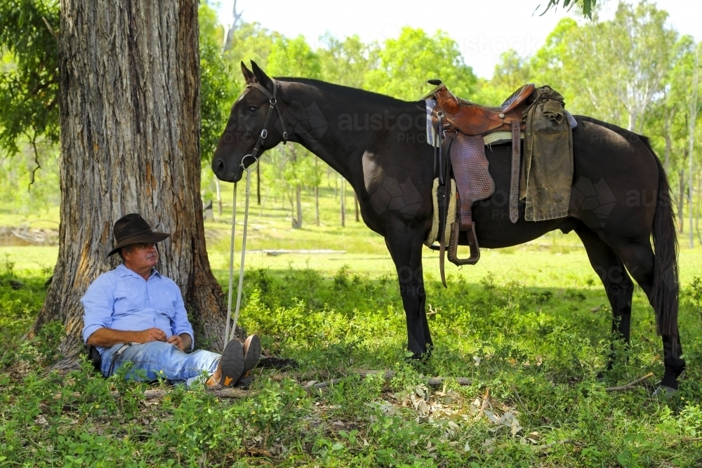 A mature man and his horse rest in the shade of a tree. - Australian Stock Image