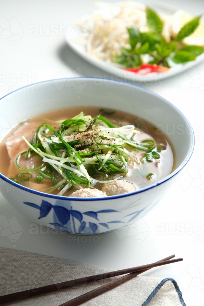 A meatball noodle soup topped with green onions surrounded by spices on the surface. - Australian Stock Image
