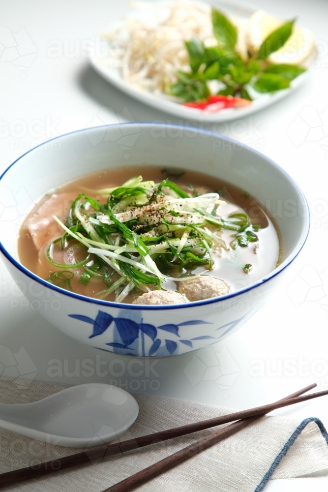 A meatball noodle soup topped with green onions surrounded by spices on the surface. - Australian Stock Image