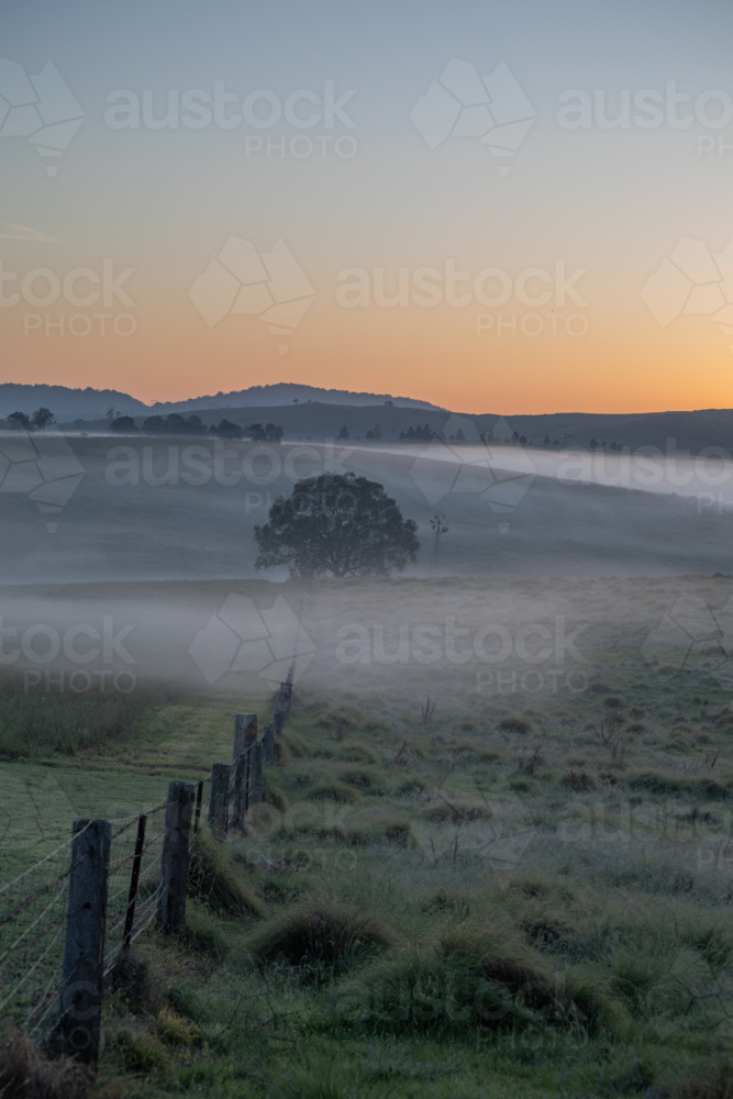 A misty morning in the country under an orange dawn sky - Australian Stock Image