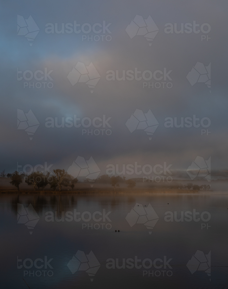 A moody misty morning on a country dam - Australian Stock Image