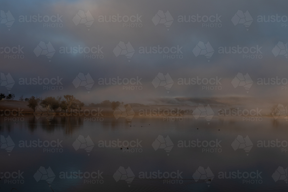 A moody misty morning on a country dam - Australian Stock Image