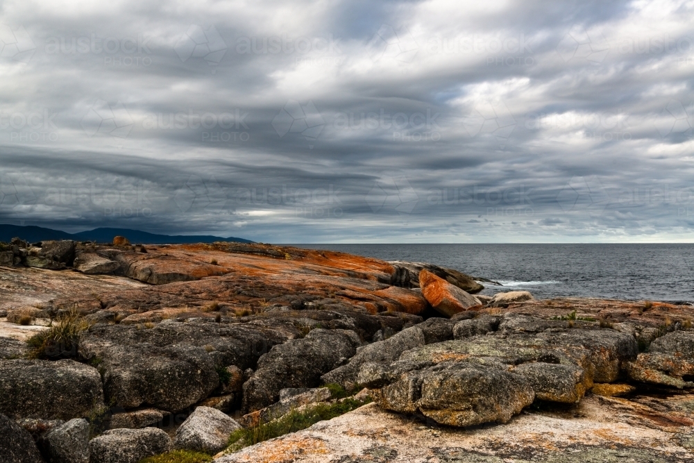 A moody view of a rugged coast with red lichen on rocks and mottled grey stormy sky - Australian Stock Image