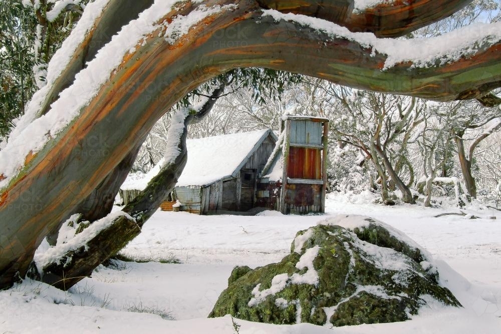 A mountain hut in the snow - Australian Stock Image