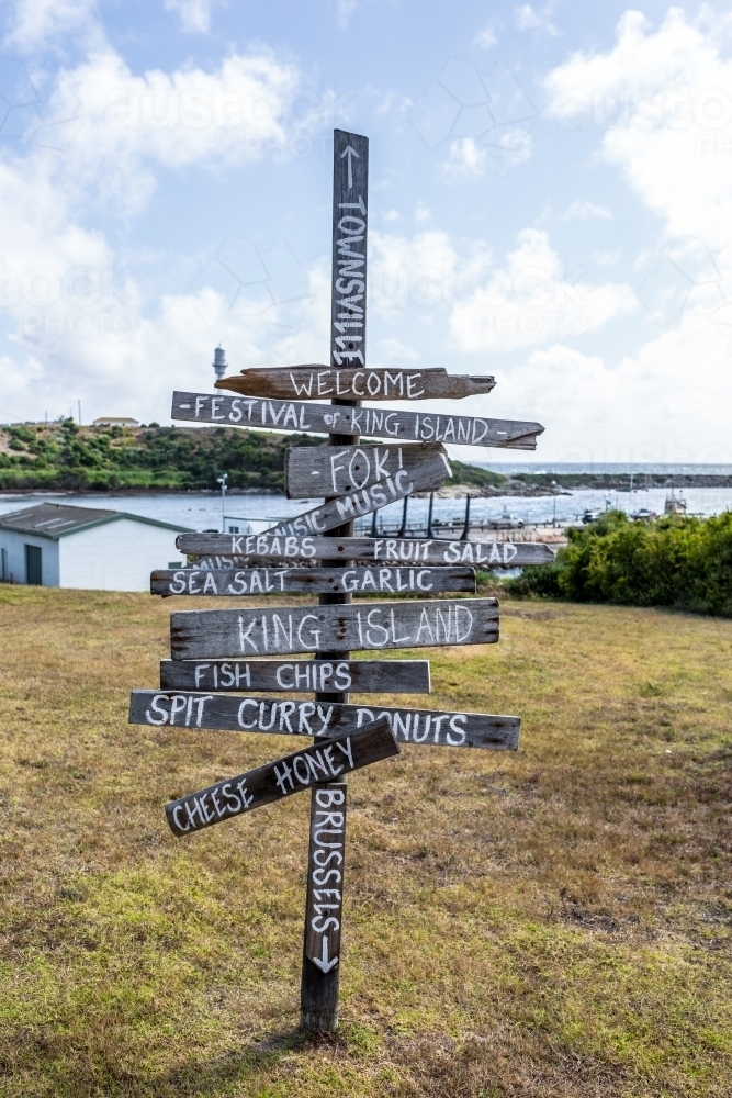 A multi directional sign post at Currie in King Island - Australian Stock Image