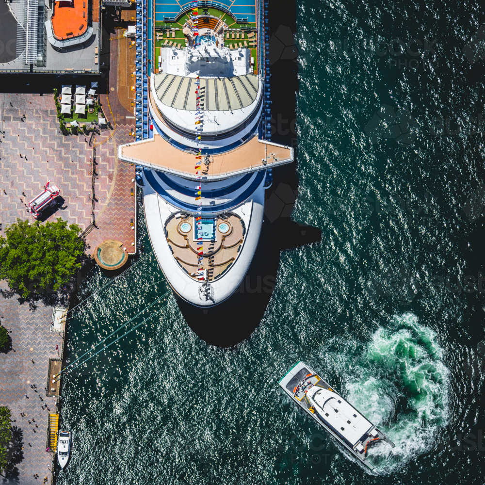 A overhead shot of cruise ship at berth in Circular Quay - Australian Stock Image