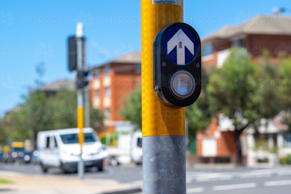 Crossing Button Direction Sign Image of a pedestrian street crossing button - Austockphoto