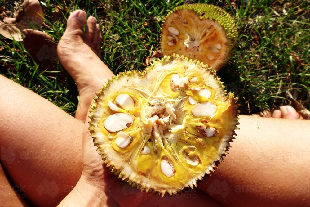 A person holding half of an open Jackfruit - Australian Stock Image