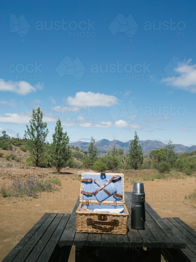 A picnic basket at a rest area in a national park - Australian Stock Image