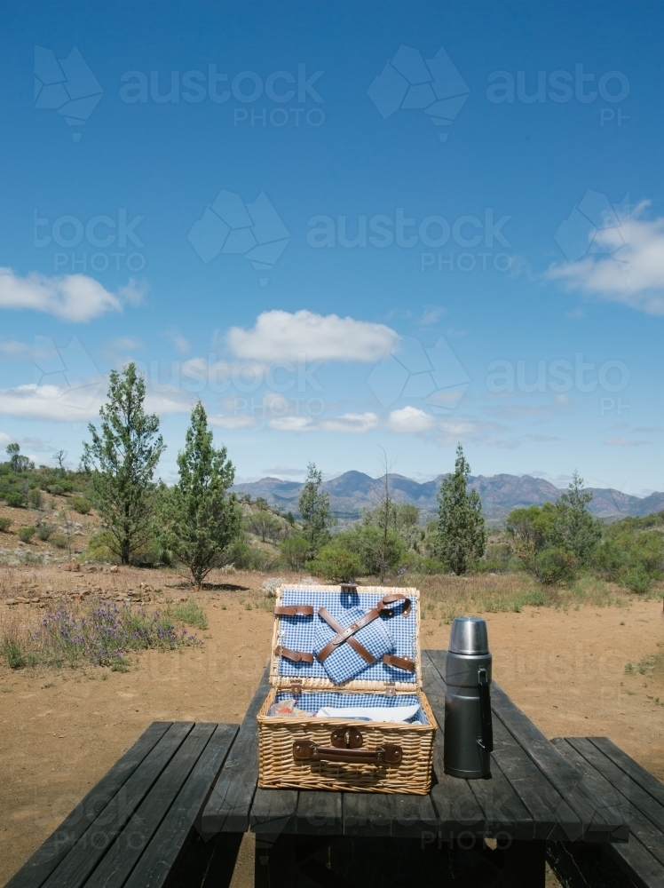 A picnic basket at a rest area in a national park - Australian Stock Image