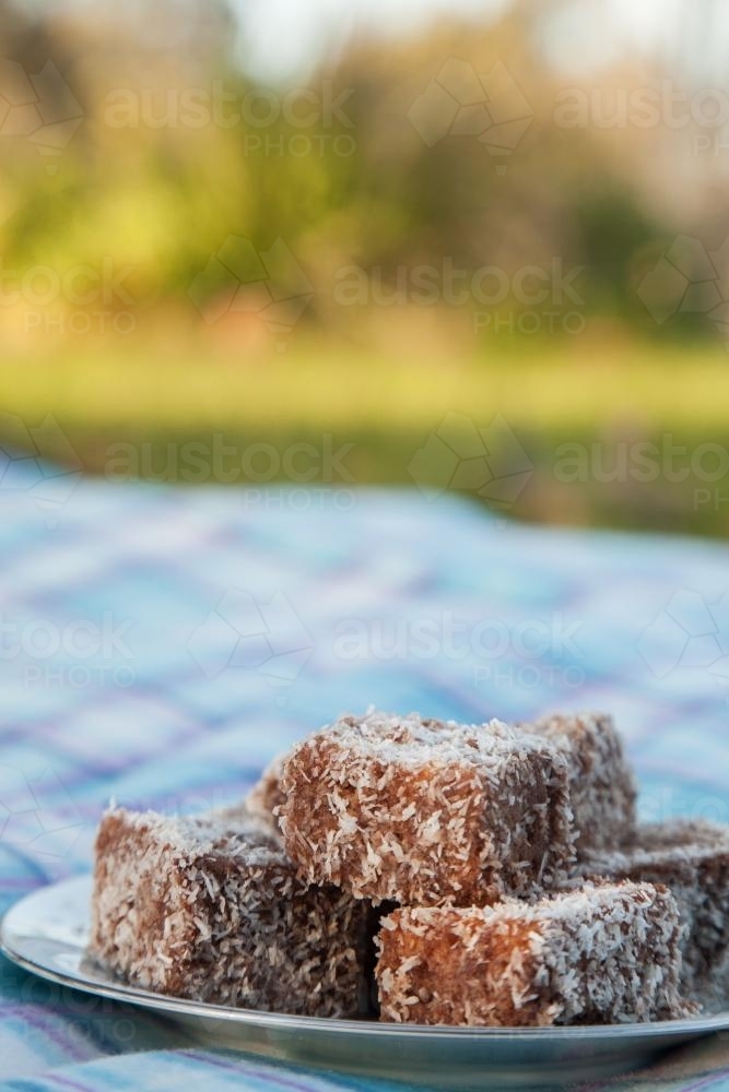 A pile of lamingtons on a plate on a picnic rug - Australian Stock Image