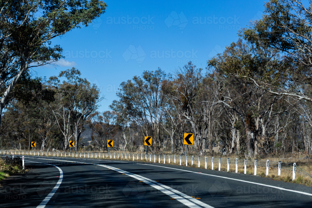 A quiet country road stretches through the Australian countryside, flanked by towering eucalyptus - Australian Stock Image