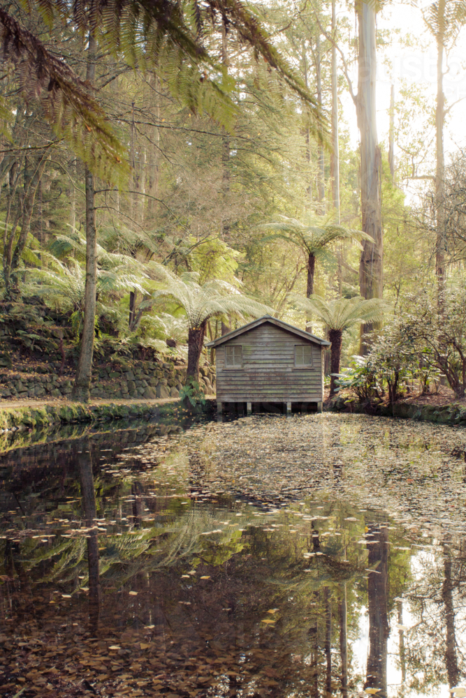 A remote boat house at the Alfred Nicholas Memorial Gardens, Dandenongs, Victoria, Australia - Australian Stock Image