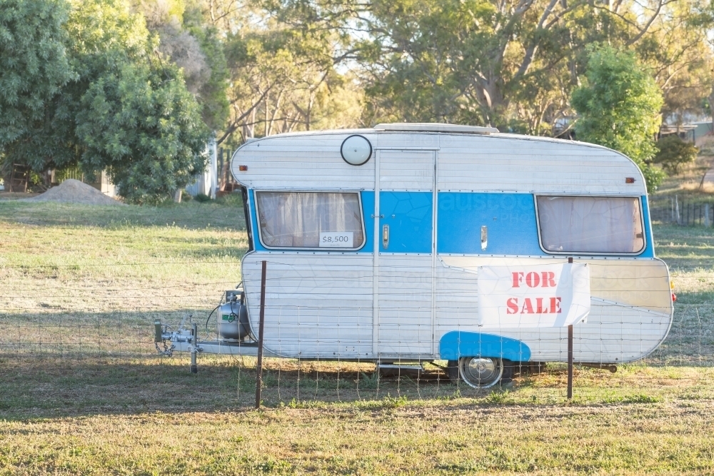 A retro caravan for sale on the roadside - Australian Stock Image